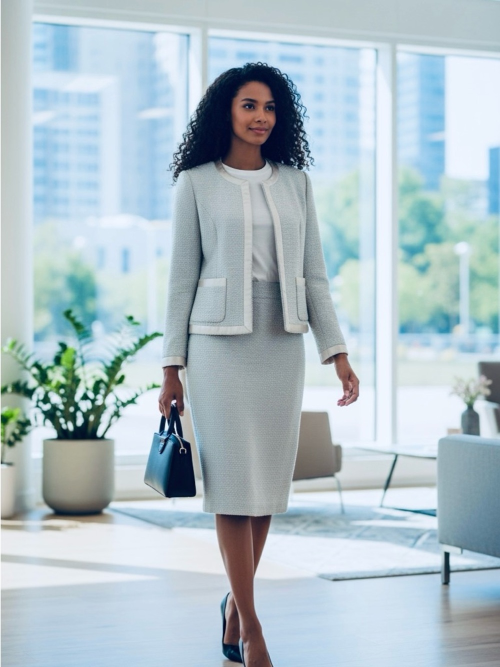 Tailored Light Blue 2P Pencil Skirt and Jacket Professional Style